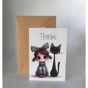 Adorable Thank You Card with Girl and Cat Design